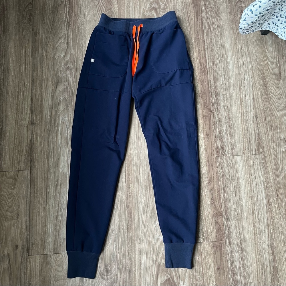FIGS Navy Blue Jogger Scrub Pants with Orange Drawstring XS Tall